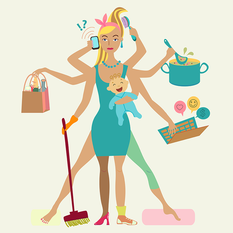 Super mother with newborn baby - cleaning, shopping, talking by phone, coocking, working, combing hair, making sport and doing pedicure at the same time. Multi super wife, beautiful lady