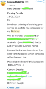 3 Minute Angels enquiry birthday massage